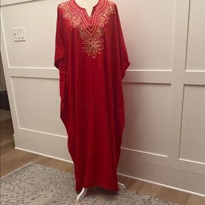 NWT Kaftan “one size fits most”red with gold sequin & embroidery around neckline